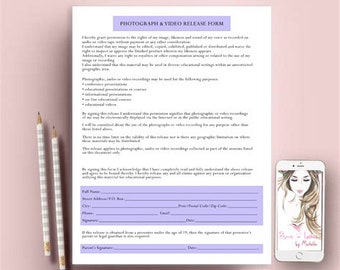 Formulario de consentimiento para fotografía y video, formularios faciales, formularios de consentimiento de esteticista, formulario de autorización del cliente, formulario de autorización de fotos de maquillaje, formulario de autorización de fotos de esteticista