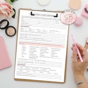May include: A printable client intake form for a massage therapist. The form includes sections for contact information, health and medical history, allergies, nutrition and diet, and goals and expectations. The form is titled "Chiropractic Client Information".