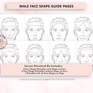 May include: A guide featuring illustrations of male faces with different shapes, each outlined with geometric forms. The text "MALE FACE SHAPE GUIDE PAGES" is at the top. The guide includes an instant download kit with face shape printables.
