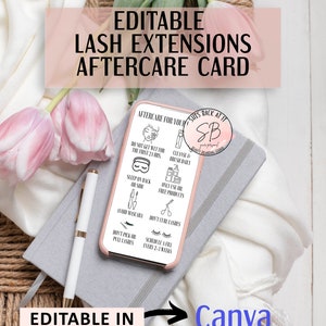 Puede incluir: Plantilla de tarjeta de cuidado posterior de extensiones de pesta&ntilde;as editable en Canva. La tarjeta presenta un fondo blanco con texto negro e iconos. El texto incluye instrucciones para el cuidado de las extensiones de pesta&ntilde;as, como "No mojar durante las primeras 24 horas", "Limpiar y cepillar diariamente", "Dormir boca arriba o de lado", "Usar solo productos sin aceite", "Evitar el r&iacute;mel", "No rizar las pesta&ntilde;as", "No pellizcar ni tirar de las pesta&ntilde;as", y "Programar un relleno cada 2-3 semanas".