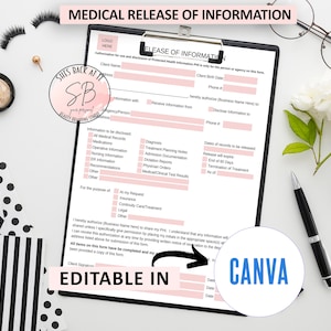 Pode incluir: Um formulário de liberação de informações médicas rosa e branco com o texto "SHE'S BACK AT IT" e "SB" em um círculo rosa. O formulário é intitulado "MEDICAL RELEASE OF INFORMATION" e "RELEASE OF INFORMATION". O formulário é editável no Canva.
