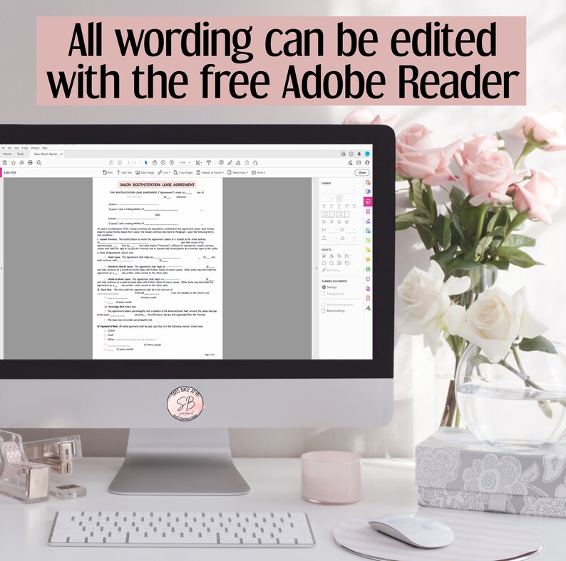 Pode incluir: Um ecr&atilde; de computador a mostrar um documento intitulado "Salon Motivation Guide Agreement" com um calend&aacute;rio e outras ferramentas na barra lateral. O texto "All wording can be edited with the free Adobe Reader" &eacute; apresentado acima do ecr&atilde; do computador.
