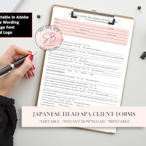 May include: A pink and white printable Japanese head spa consultation form with the text "Japanese Head Spa Consultation Form" and "*Editable* *Instant Download* *Printable*" at the bottom. The form includes questions about allergies, medications, hair and scalp conditions, and previous treatments.