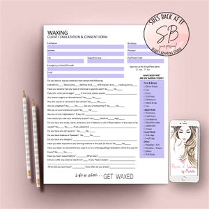 Könnte beinhalten: Ein weißes und violettes Formular für die Beratung und Einwilligung für Waxing-Dienstleistungen. Das Formular enthält Fragen zu Allergien, Medikamenten und früheren Waxing-Erfahrungen. Das Formular enthält auch eine Liste der Körperteile, die gewachst werden können.