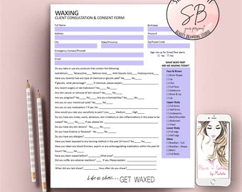 ワックス脱毛の顧客相談および同意書、フェイシャルフォーム、エステティシャン同意書、顧客情報フォーム、予約追跡フォーム、ワックス