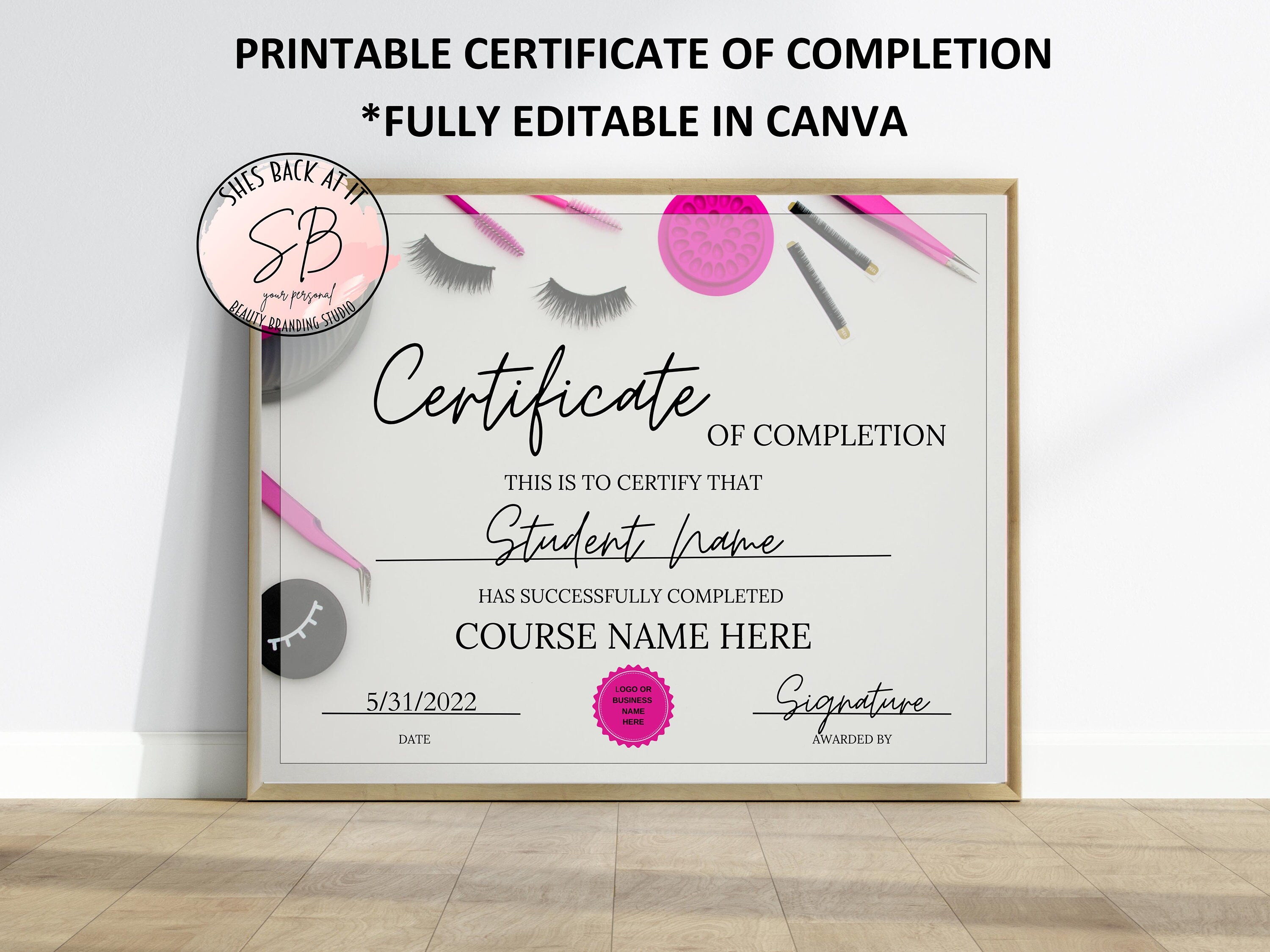 Editable Training Certificate Template, Lash Extension Certificate of ...