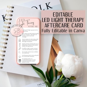 Cartão de cuidados posteriores à terapia com luz LED, cuidados posteriores à terapia com luz LED, cartão de cuidados posteriores à terapia com luz vermelha, cuidados posteriores à terapia com luz LED, editável