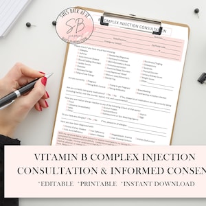 May include: A printable vitamin B complex injection consultation and informed consent form with a pink and white colour scheme. The form includes a checklist of medical conditions and allergies, as well as a section for the patient's signature.