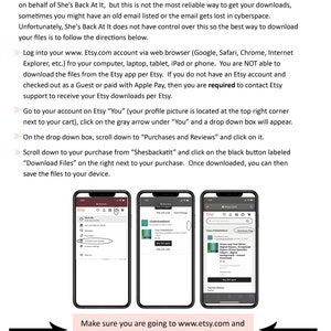 K&ouml;nnte beinhalten: Eine Anleitung zum Herunterladen digitaler Dateien f&uuml;r Etsy-K&auml;ufe. Die Anleitung zeigt, wie man digitale Dateien von der Etsy-Website herunterl&auml;dt, nicht von der Etsy-App. Die Anleitung enth&auml;lt Screenshots der Etsy-Website und der Etsy-App.