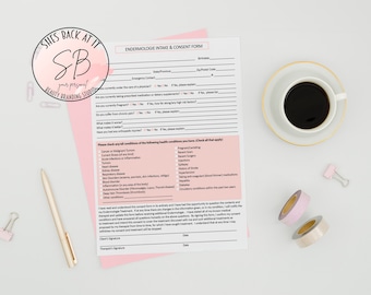 May include: A pink and white intake and consent form for an endermologie treatment. The form includes a checklist of health conditions and a space for the client's signature and date.
