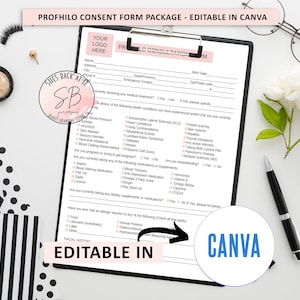 May include: A white and pink consent form template for a beauty treatment called Profhilo. The form is editable in Canva and includes a pre-consultation checklist. The image also shows a makeup palette, a pen, and a pair of glasses.