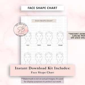 May include: A face shape chart featuring eight black and white line art illustrations of different facial structures. The document includes the text FACE SHAPE CHART, labels for Oval, Square, Round, and Triangle, and notes regarding instant download.