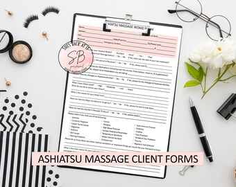 May include: A black and white intake form for a massage therapist. The form includes questions about medical history, allergies, and other important information. The form is titled "ASHIATSU MASSAGE CLIENT FORMS" and "HIATSU MASSAGE INTAKE FORM".