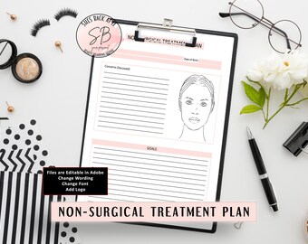 May include: A black clipboard with a non-surgical treatment plan template, featuring sections for concerns and goals, and a facial diagram. The image includes beauty accessories like makeup, lashes, and a pen.