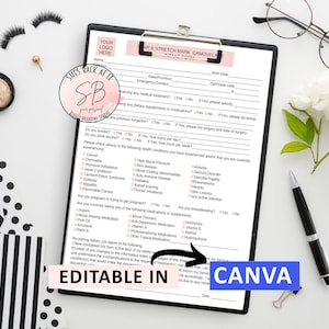 Peut inclure: Un formulaire imprimable intitulé "Scar & Stretch Mark Camouflage" avec un design rose et blanc. Le formulaire comprend des questions sur les antécédents médicaux, les allergies et les médicaments actuels. Le texte "Editable in Canva" se trouve en bas du formulaire.