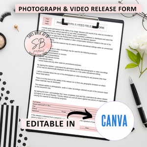 May include: Editable Photograph and Video Release Form template in Canva. The form includes fields for name, address, phone, email, signature, and date. The form is designed for use in educational settings.