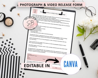 May include: Editable Photograph and Video Release Form template in Canva. The form includes fields for name, address, phone, email, signature, and date. The form is designed for use in educational settings.