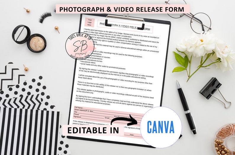 May include: Editable Photograph and Video Release Form template in Canva. The form includes fields for name, address, phone, email, signature, and date. The form is designed for use in educational settings.