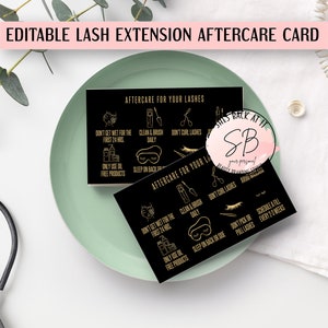 May include: Two black cards with gold text and icons outlining lash extension aftercare instructions. The text on the cards reads "Aftercare for your lashes" and includes instructions like "Don't get wet for the first 24 hrs", "Clean & brush daily", "Don't curl lashes", "Only use oil free products", "Sleep on back or side", "Don't pick or pull lashes", "Schedule a fill every 2 to 3 weeks".