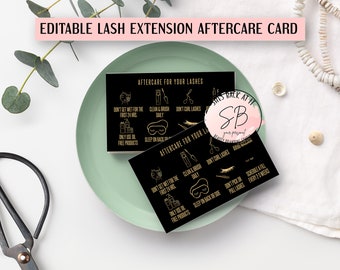 Plantilla editable de tarjeta de cuidados posteriores para extensiones de pestañas, tarjeta digital para extensiones de pestañas, suministros para artistas de pestañas, guía de cuidado de iconos para esteticistas