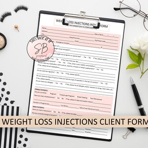 May include: A clipboard with a weight loss injections intake form, with text that reads "Weight Loss Injections Client Forms". The image also includes makeup, glasses, and a pen.