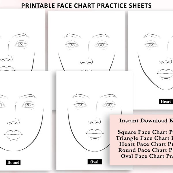 Tableau du visage de maquillage, feuilles de pratique du tableau du visage, feuilles de pratique de maquillage imprimables, tableau du visage vierge imprimable, tableau de maquillage vierge, téléchargement