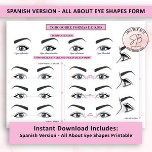 Puede incluir: Una guía imprimible en español para identificar diferentes formas de ojos. La guía incluye ilustraciones de varias formas de ojos, incluyendo almendrados, con capucha, redondos y monólidos. También incluye instrucciones sobre cómo determinar la forma del ojo en función de la posición del pliegue.