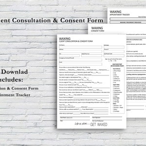 K&ouml;nnte beinhalten: Ein schwarzes und wei&szlig;es druckbares Kit f&uuml;r Waxing-Unternehmen. Das Kit enth&auml;lt ein Kundenberatungs- und Einverst&auml;ndnisformular sowie einen Kunden-Terminplaner. Der Text "Sofortiger Download Kit beinhaltet: Kundenberatungs- und Einverst&auml;ndnisformular Kunden-Terminplaner" ist auf dem Bild sichtbar.