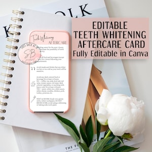 Plantilla de tarjeta telefónica para cuidados posteriores al blanqueamiento dental, tarjeta de cuidados con texto editable en Canva, instrucciones para cuidados posteriores al blanqueamiento dental imprimibles