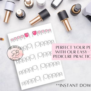 May include: Printable pedicure practice sheets with a pink background and the text "PERFECT YOUR PEDICURE WITH OUR EASY-TO-USE PEDICURE PRACTICE SHEETS" and "**INSTANT DOWNLOAD**". The sheets feature outlines of toenails for practicing nail art.