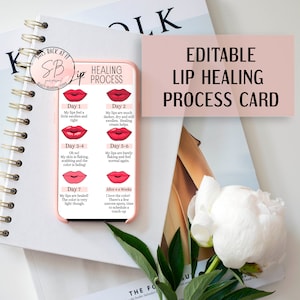 Plantilla editable de tarjeta de cuidados posteriores al rubor de labios, etapas de curación del contorno de labios PMU, tarjeta de cuidados comerciales de belleza, instrucciones de cuidado del maquillaje permanente