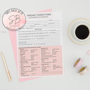 May include: A pink and white massage therapy form with a checklist of medical conditions. The form includes sections for personal information, medical history, and a list of conditions that apply to your health. The form is on a white surface with a cup of coffee, a pen, and paper clips.