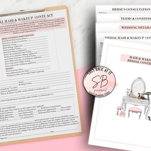 May include: A printable bridal hair and makeup contract template with a pink and white color scheme. The contract includes sections for bride and bridal party services, travel, and wedding day hair styling. The contract also includes a section for the bride to sign and date.