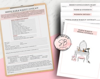 May include: A printable bridal hair and makeup contract template with a pink and white color scheme. The contract includes sections for bride and bridal party services, travel, and wedding day hair styling. The contract also includes a section for the bride to sign and date.