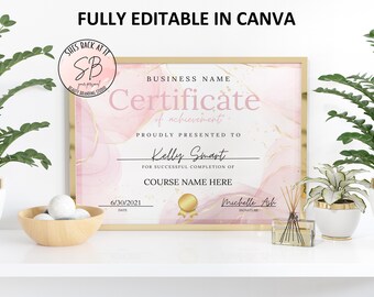 Certificate of Completion Template, Pink Training Certificate, Eyelash Extension Certificate, Editable Training Certificate, Canva Template