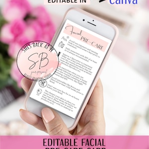 May include: A pink and white digital card with the text "Facial Pre-Care" and instructions for preparing for a facial. The card also includes a logo with the text "She's Back At It SB Your Personal Beauty Branding Studio".