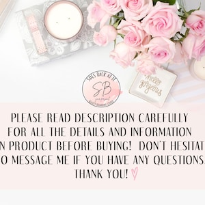 May include: A pink and white striped background with a white tray that says "hello gorgeous" in black script.  There is a pink candle and a pink rose bouquet in the background.  The text "PLEASE READ DESCRIPTION CAREFULLY FOR ALL THE DETAILS AND INFORMATION ON PRODUCT BEFORE BUYING! DON'T HESITATE TO MESSAGE ME IF YOU HAVE ANY QUESTIONS. THANK YOU!" is written in black on a pink background.