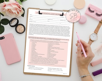 以下が含まれることがあります： 「She's Back At It」と「Beauty Branding Studio」というテキストが書かれた、ピンクと白のレーザー脱毛の顧客情報フォーム。このフォームには、治療前に医師の許可が必要な禁忌のリストが含まれています。