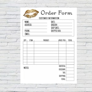May include: A black and white order form with a gold lip design at the top. The form includes sections for customer information, order details, and a table for listing items, quantities, prices, and totals.