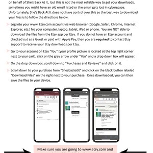 以下が含まれることがあります： Etsyで購入したデジタルファイルをダウンロードするための手順ガイド。このガイドでは、Etsyアプリではなく、Etsyウェブサイトからデジタルファイルをダウンロードする方法を示しています。ガイドには、EtsyウェブサイトとEtsyアプリのスクリーンショットが含まれています。