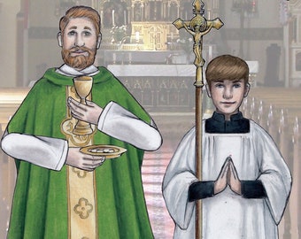 Może przedstawiać: Zestaw papierowych lalek przedstawiający księdza i ministranta. Lalki są ubrane w tradycyjne szaty liturgiczne. Zestaw zawiera 17 akcesoriów, w tym kielich, patenę i krzyż. Obrazek jest umieszczony na tle wnętrza kościoła.