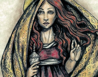 May include: A woman with long red hair is depicted in a drawing. She is wearing a long red dress and a gold patterned shawl. She is holding a silver cup in her right hand and her left hand is raised in a gesture of blessing. The drawing is on a light brown background.