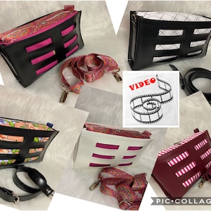 May include: A collage of six different purses with various fabric patterns and colors. Each purse has a black leather exterior with a pink interior and a cut-out design. The purses are shown with different straps, including a black leather strap, a pink patterned strap, and a black and white striped strap. The image also includes the text "VIDEO" and "PIC COLLAGE".