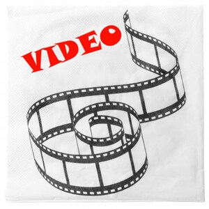May include: A white napkin with a red "VIDEO" text and a black and white film strip design.