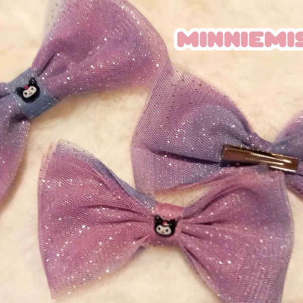 Pair of two Purple Hairclips, Small Glittery Hairbows, Harajuku Style Fashion