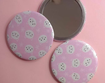 Pink Kitty Pattern Mirror, Travel Sized 58mm, Essential Pocket Mirror