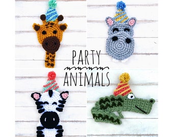 PATTERN | Crochet Zoo Animals Applique PDF | Party Animals | Party Hat | Kids | Zebra | Hippo | Alligator | Giraffe | Present | Modern