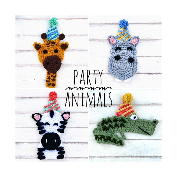 PATTERN | Crochet Zoo Animals Applique PDF | Party Animals | Party Hat | Kids | Zebra | Hippo | Alligator | Giraffe | Present | Modern