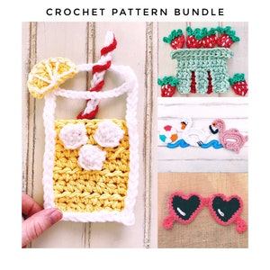 PATTERN | Crochet Applique Pattern Bundle | Lemonade | Strawberries | Heart Sunglasses | Floaties | Waves | Summer Crochet | Swan | Flamingo