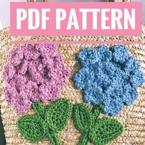 Crochet Hydrangea Pattern, Crochet Flower Pattern, Crochet Applique, Easy Crochet, Pattern for Bag, PDF pattern, crochet gift, summer